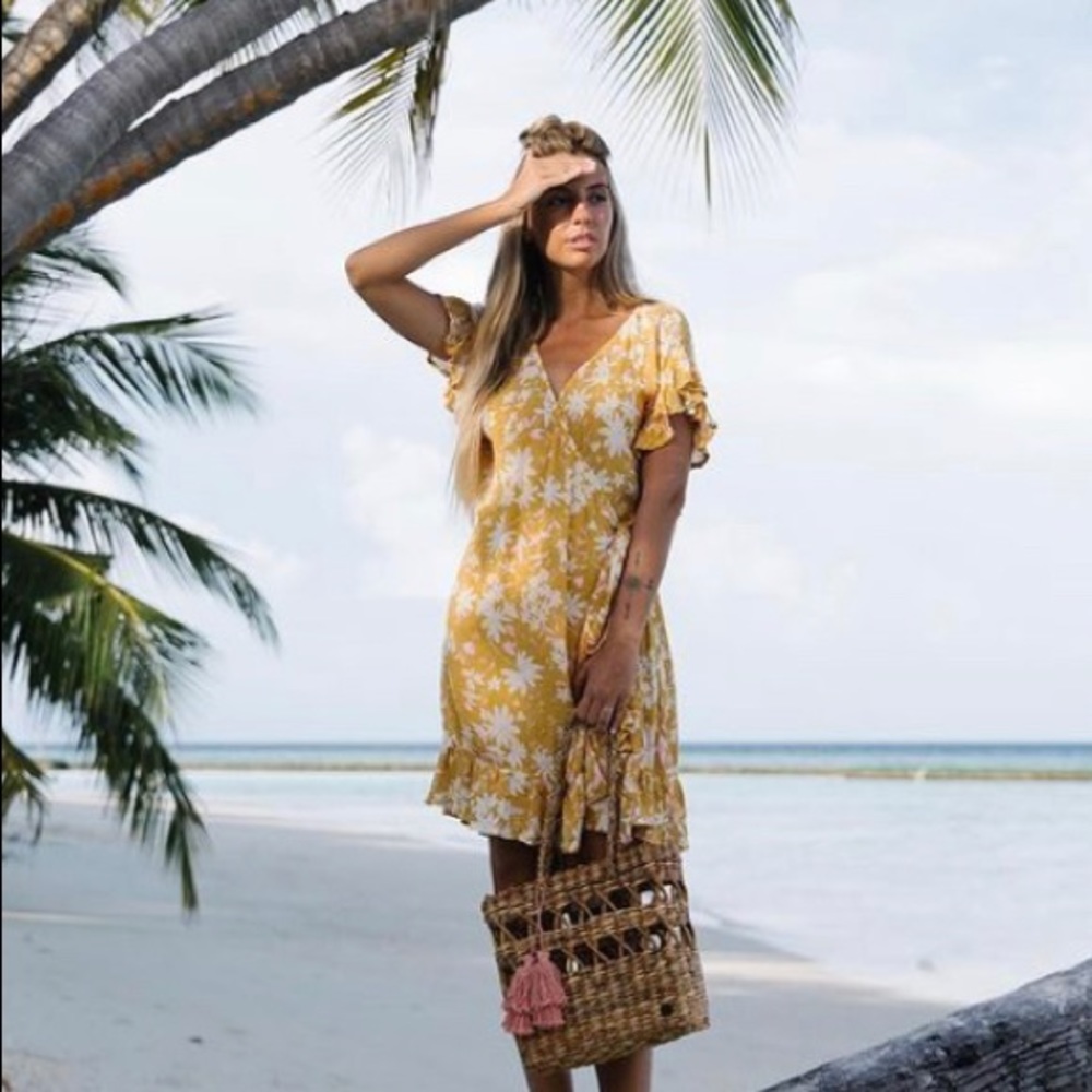 Billabong Floral Wrap Dress in Bright Gold